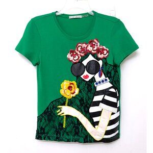 Alice + Olivia Embellished Stace Face Print T Shirt Tee Green Floral Lace XS